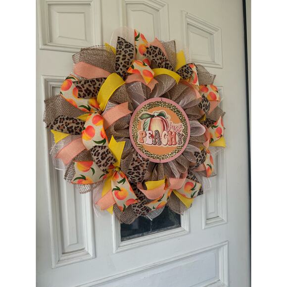 Handmade Peach Leopard Print Deco Mesh Wreath, Summer Front Door Hanger Decor - Picture 5 of 7